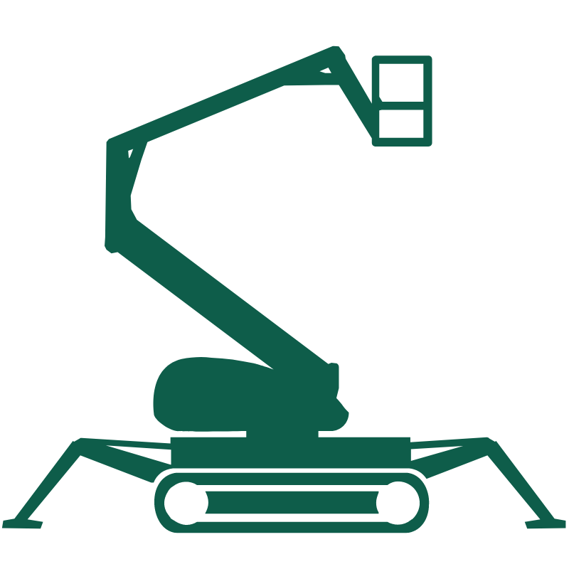 Arbeitsbühne mieten München Einfache Illustration einer Spinnenhebebühne mit einem verlängerten Gelenkarm und einer Arbeitsplattform an der Spitze, gestützt durch vier stabilisierende Beine und Schienen für die Bewegung, dargestellt in Dunkelgrün auf hellem Hintergrund.