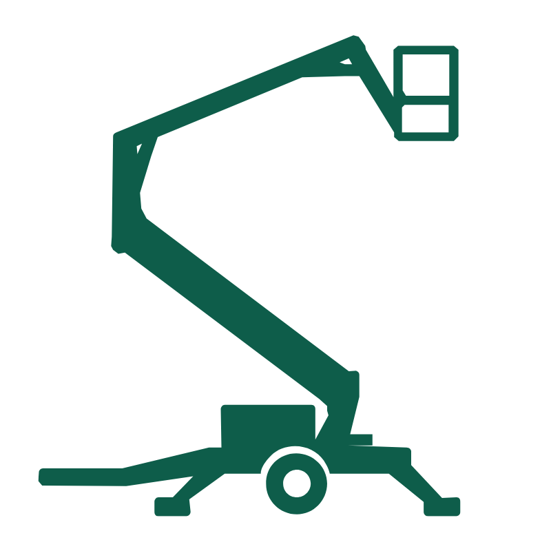 Arbeitsbühne mieten München Ein vereinfachtes grünes Symbol einer Hebebühne oder eines Auslegers, mit einem erhöhten Arm und einer kleinen Plattform an der Spitze, mit einem fahrbaren Untersatz und stabilisierenden Beinen.