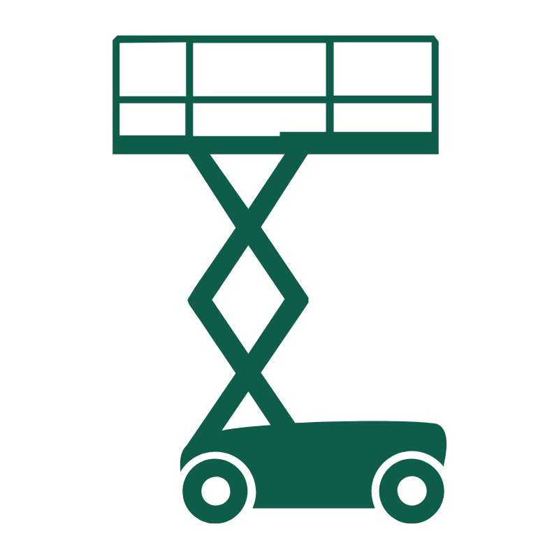 Arbeitsbühne mieten München Ein einfaches grünes Symbol einer Scherenhebebühne, das eine Plattform zeigt, die von gekreuzten Tragarmen auf einer Radbasis angehoben wird.