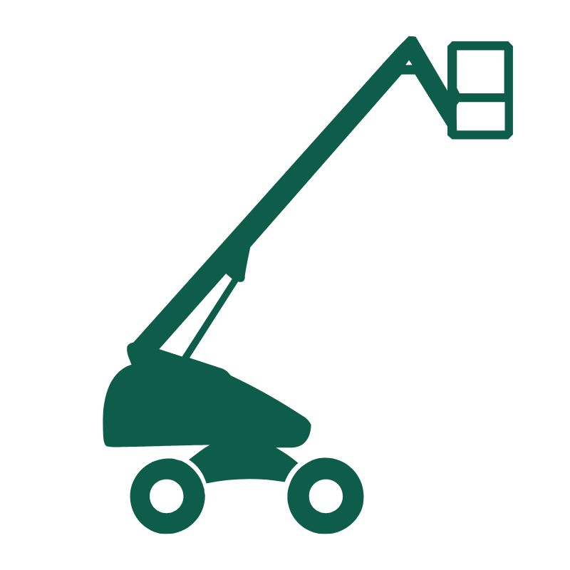 Arbeitsbühne mieten München Ein einfaches grünes Symbol einer Auslegerhebebühne mit einem ausgefahrenen Arm und einer Arbeitsplattform am Ende, dargestellt auf einem schlichten hellen Hintergrund.